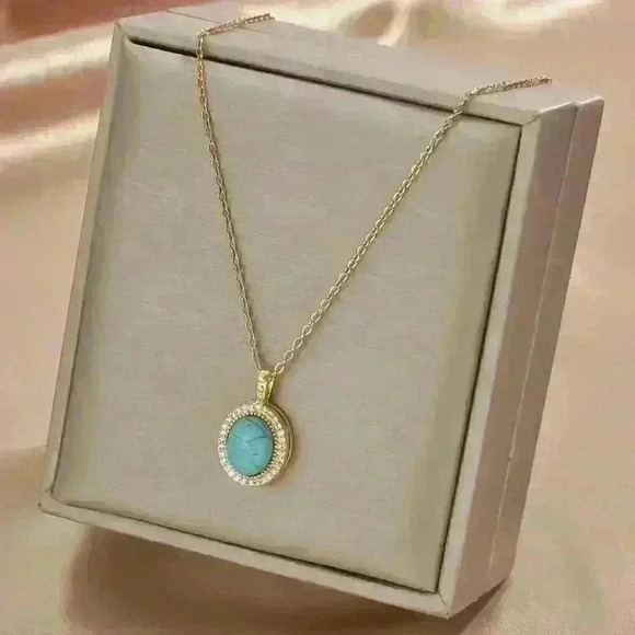 Larimar Stone Pendant with sparkling crystals in gold necklace - Picture 1 of 4